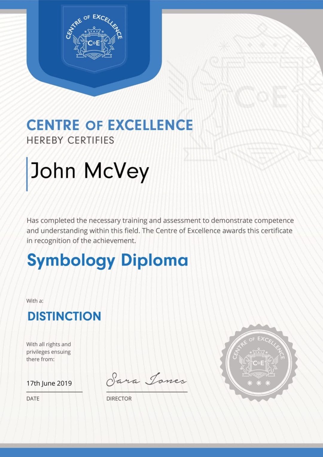 A certificate for john mcvey's symbiology diploma.